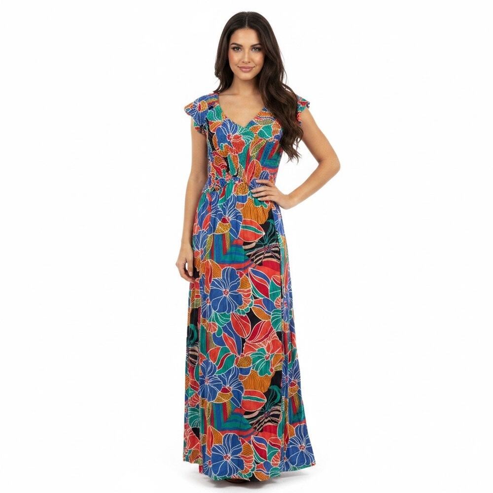 Aakaa Tropical Floral Smocked Maxi Dress Resort Vacation Medium Hawaiian Summer